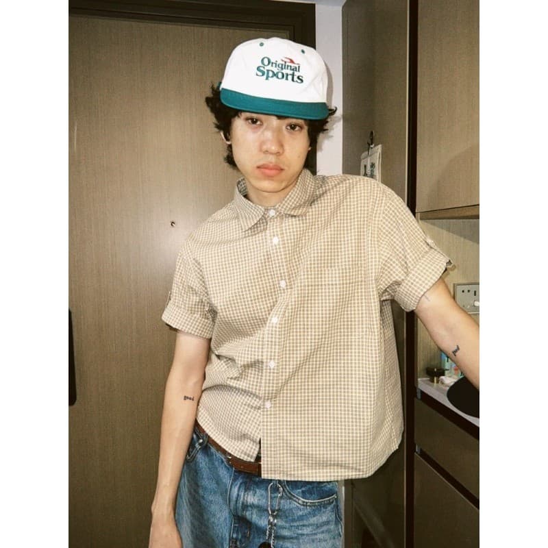 Verão novo estilo camelo damasco nevoeiro azul contraste cor xadrez estilo japonês manga xadrez camisa de manga curta da
