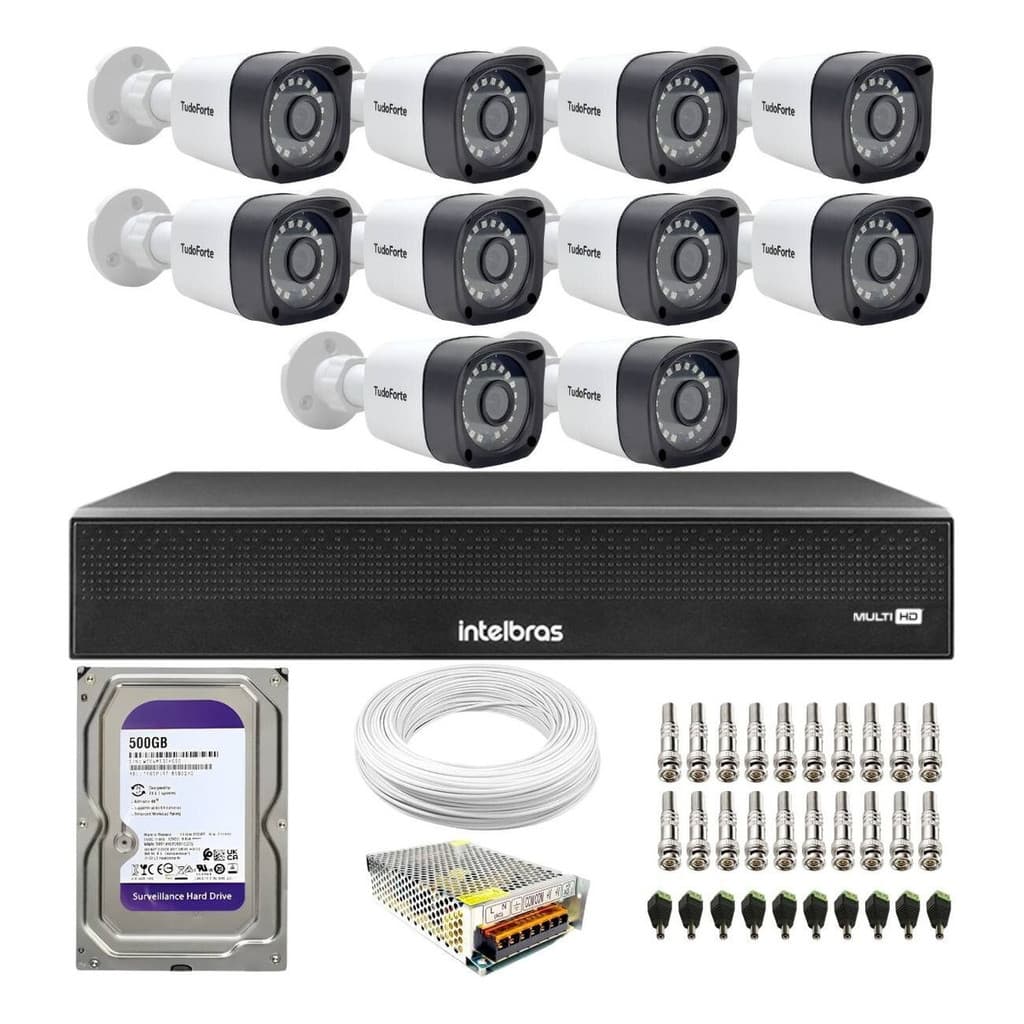 Kit 10 Câmeras Segurança TF 2020 Bullet Full HD DVR MHDX 1116-C Intelbras 16 Canais Com HD 500Gb