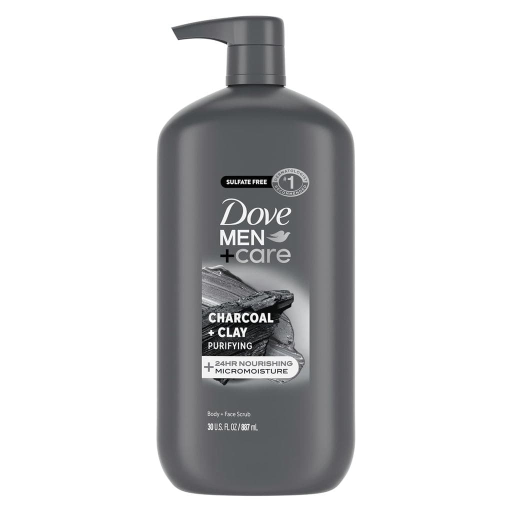 DOVEMEN+CARE Esfoliante Corporal e Facial Masculino + Gel de Banho de Argila com Carvão, utiliza tecnologia de micro-hid