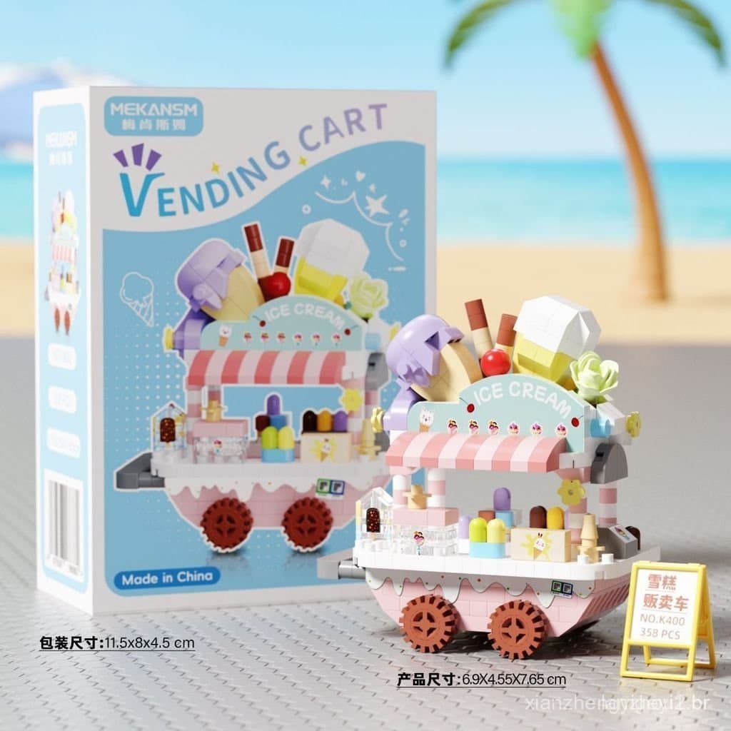 Blocos de construção de micropartículas, carrinho de venda de lanches, decorações de presente de Natal, carrinho de mão