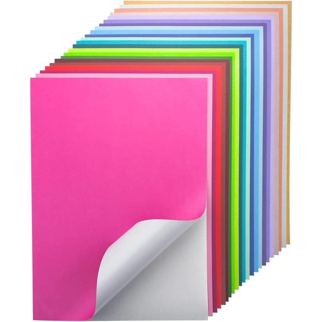 24 Folhas de Papel Cartão Autoadesivo, 22 Cores, Papel Adesivo Colorido A4 para Impressão, Papel Cartão Adesivo 250gsm/9