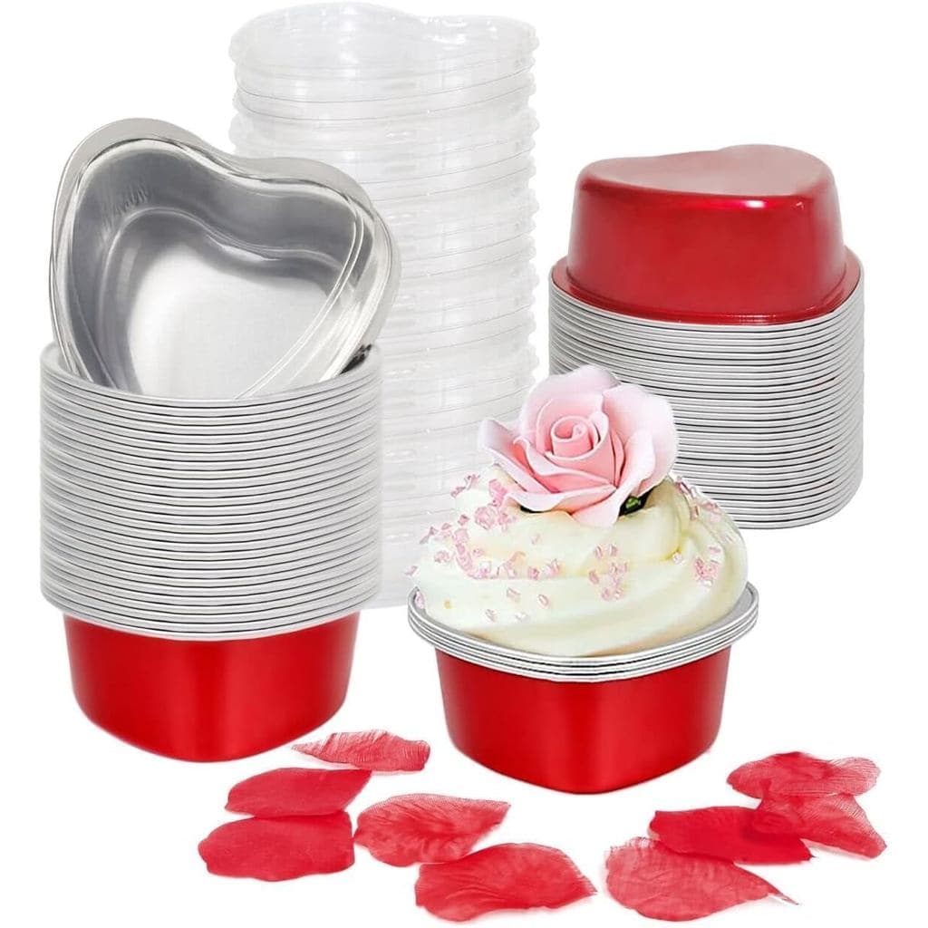 Formas de Bolo em Forma de Coração para Assar com Pétalas Vermelhas, BLVRYVIO 48 Conjuntos de Formas de Cupcake de Alumí