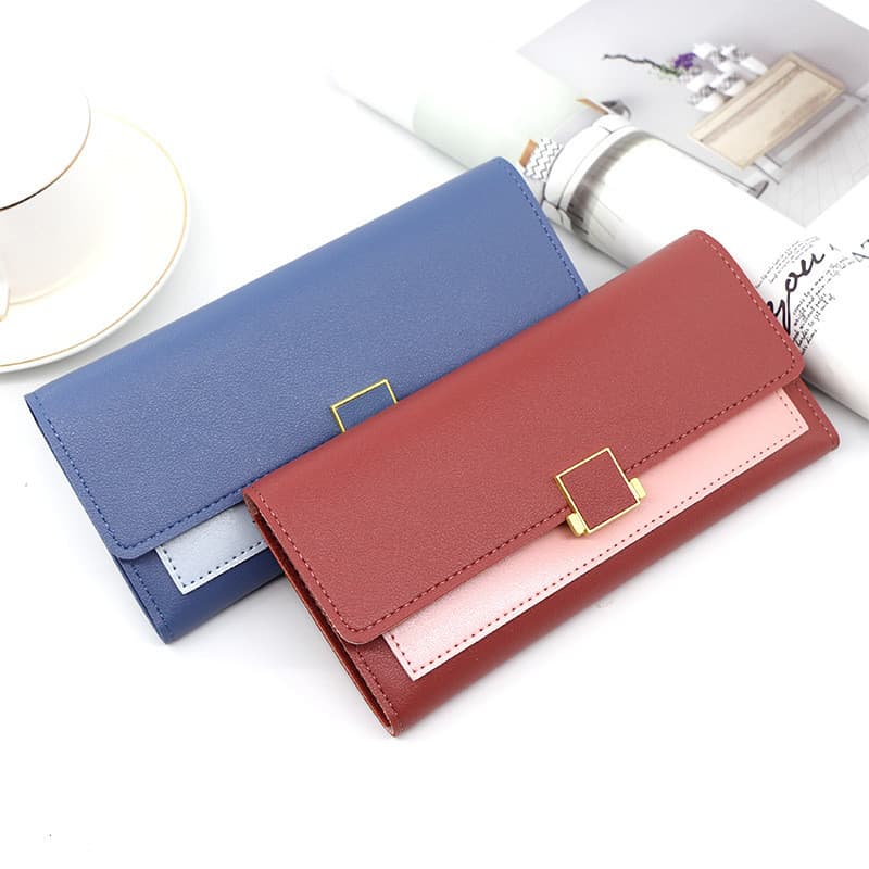 Nova carteira feminina, couro patchwork, cor sólida, carteira feminina longa e simples de três dobras, bolsa clutch xadr