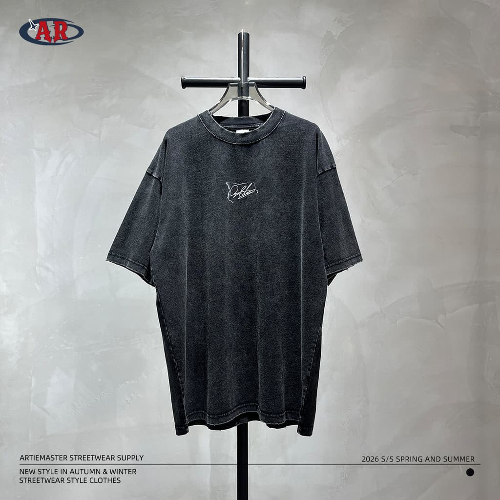 American Retro Number Star Distressed Lavado Manga Curta% Algodão Estilo Personagem Estampa Camiseta Solta