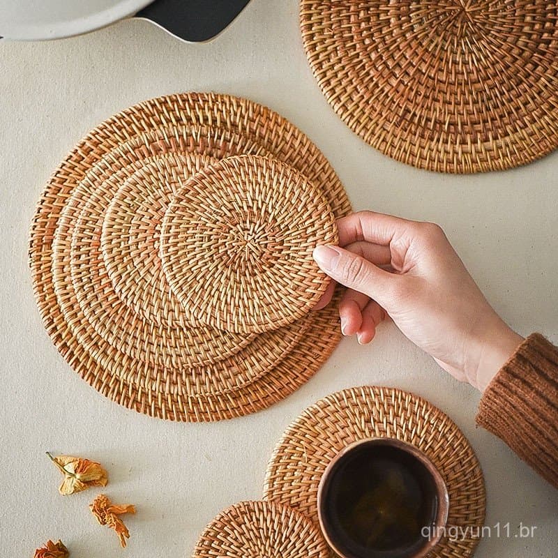 Porta-copos de Rattan Natural Feito à Mão, Tapete de Chá Redondo, Tapete de Isolamento Térmico, Acessórios para Cerimôni