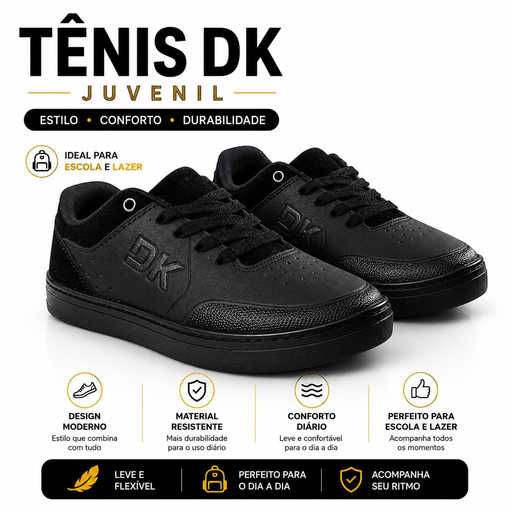 Tênis infantil Preto Basico Casual Juvenil Estiloso Numeração do 28 ao 32