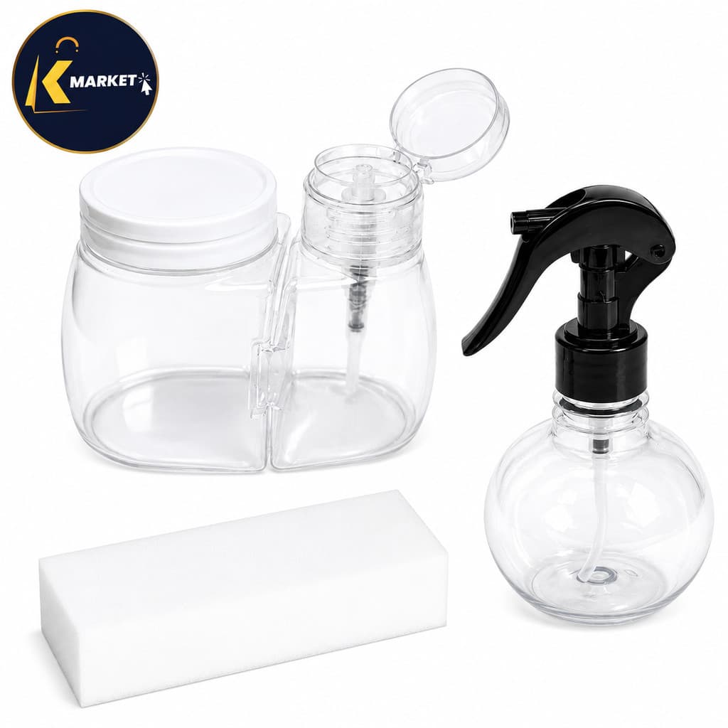 KIT DOSADOR DE ACETONA COM PORTA ALGODÃO 2 EM 1 + BORRIFADOR BOLINHA 180 ML + LIXA CUBO BRANCA