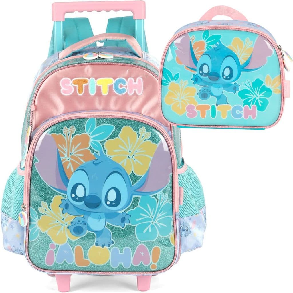 Kit Mochila Rodinhas Infantil Lancheira Escolar Stitch Scrump Disney Turquesa Luxcel