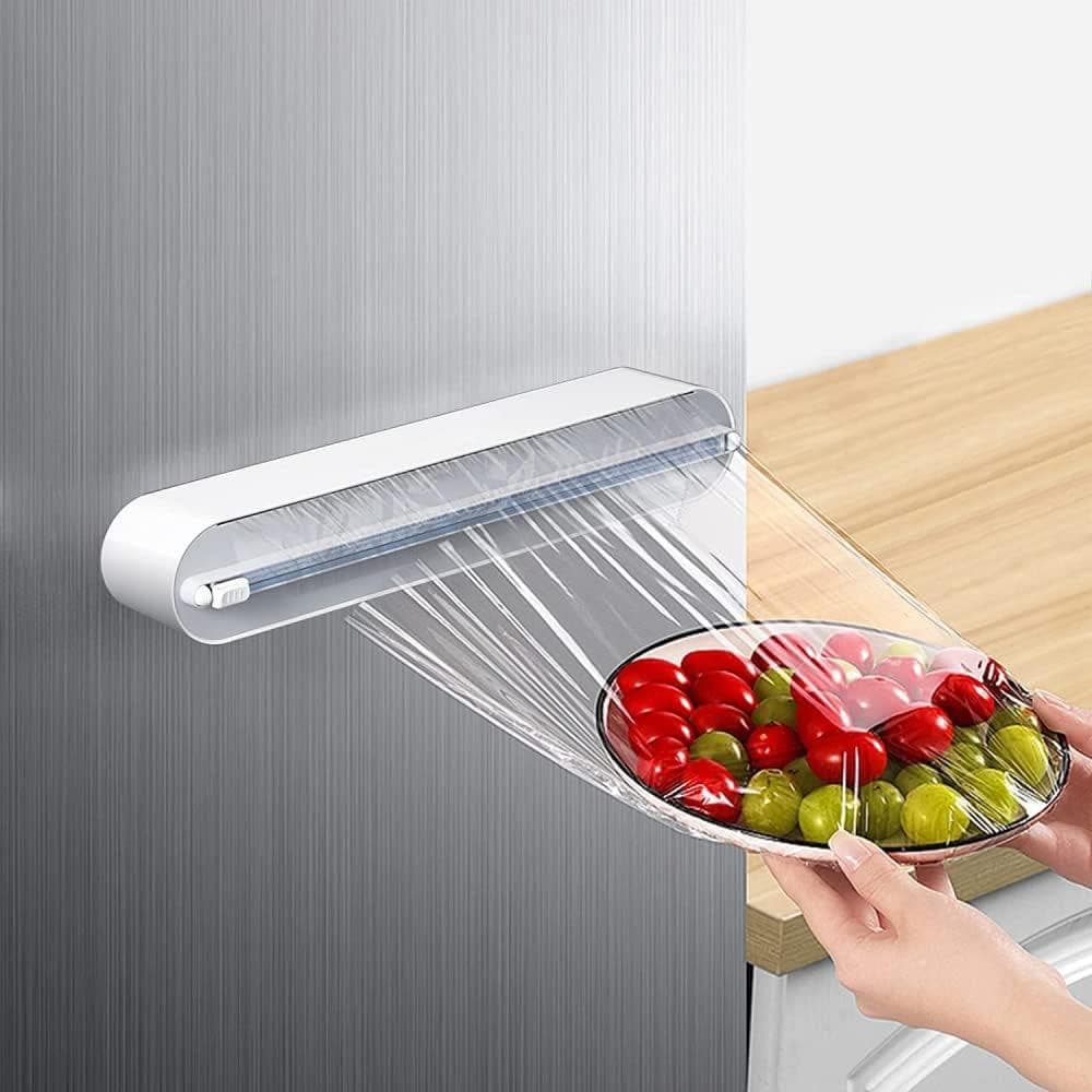 Dispensador de filme aderente magnético recarregável com cortador deslizante, cortador de filme aderente para alimentos