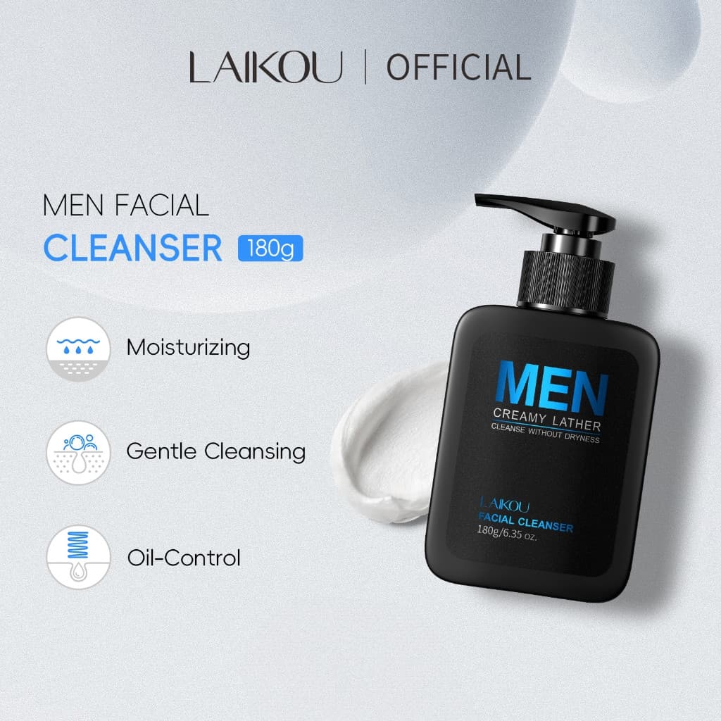 LAIKOU Limpador Facial Masculino Refrescante e Controlador de Oleosidade, Hidratante e Anti-Acne, Limpeza Profunda 180g
