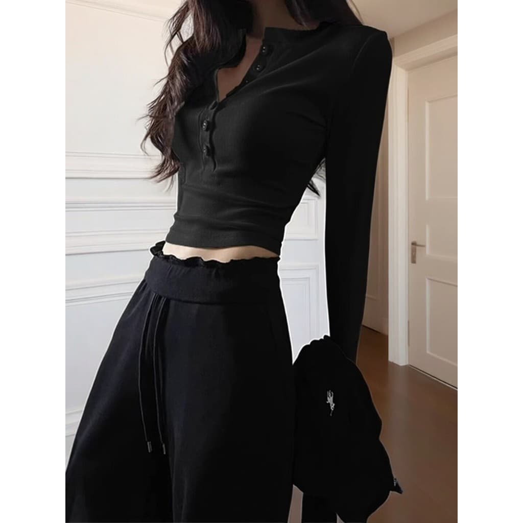 Início da primavera preto Hanli estilo coreano Design quente menina de manga comprida magro-ajuste camisa de fundo estil