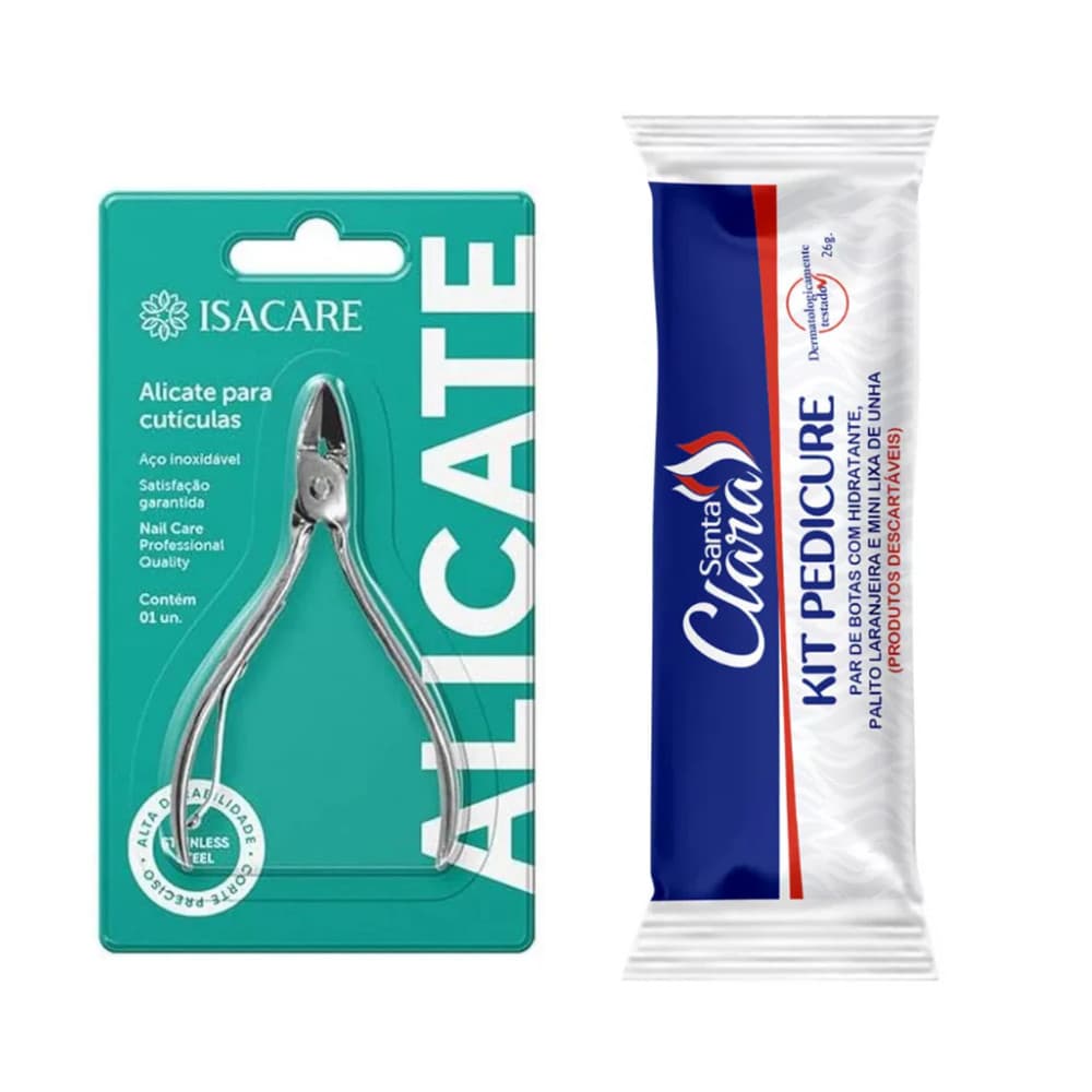 Kit Alicate Cutícula Aço Inoxidável Isacare Personal + Kit Pedicure Descartável 4 Peças Santa Clara 1452