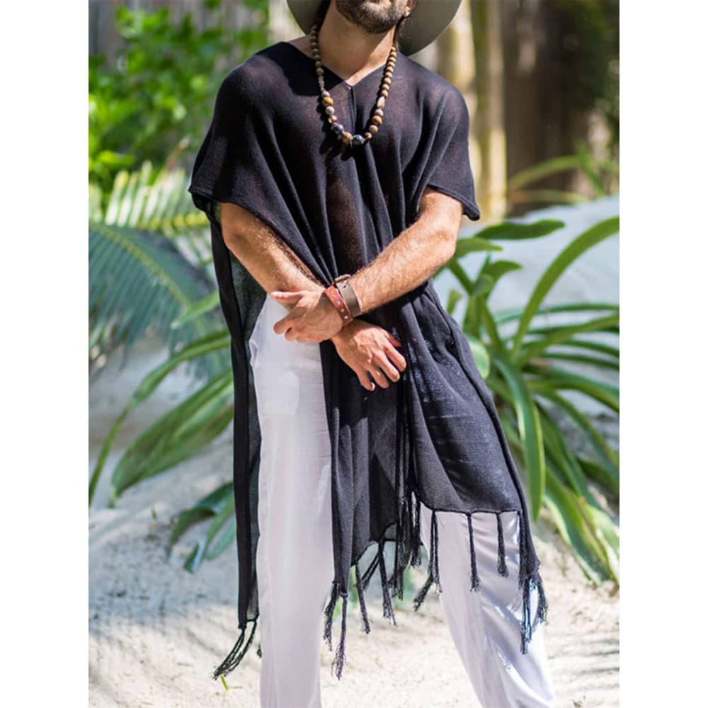 2026 verão Design masculino franjas borda praia férias topo pulôver blusa blusão camisa masculina
