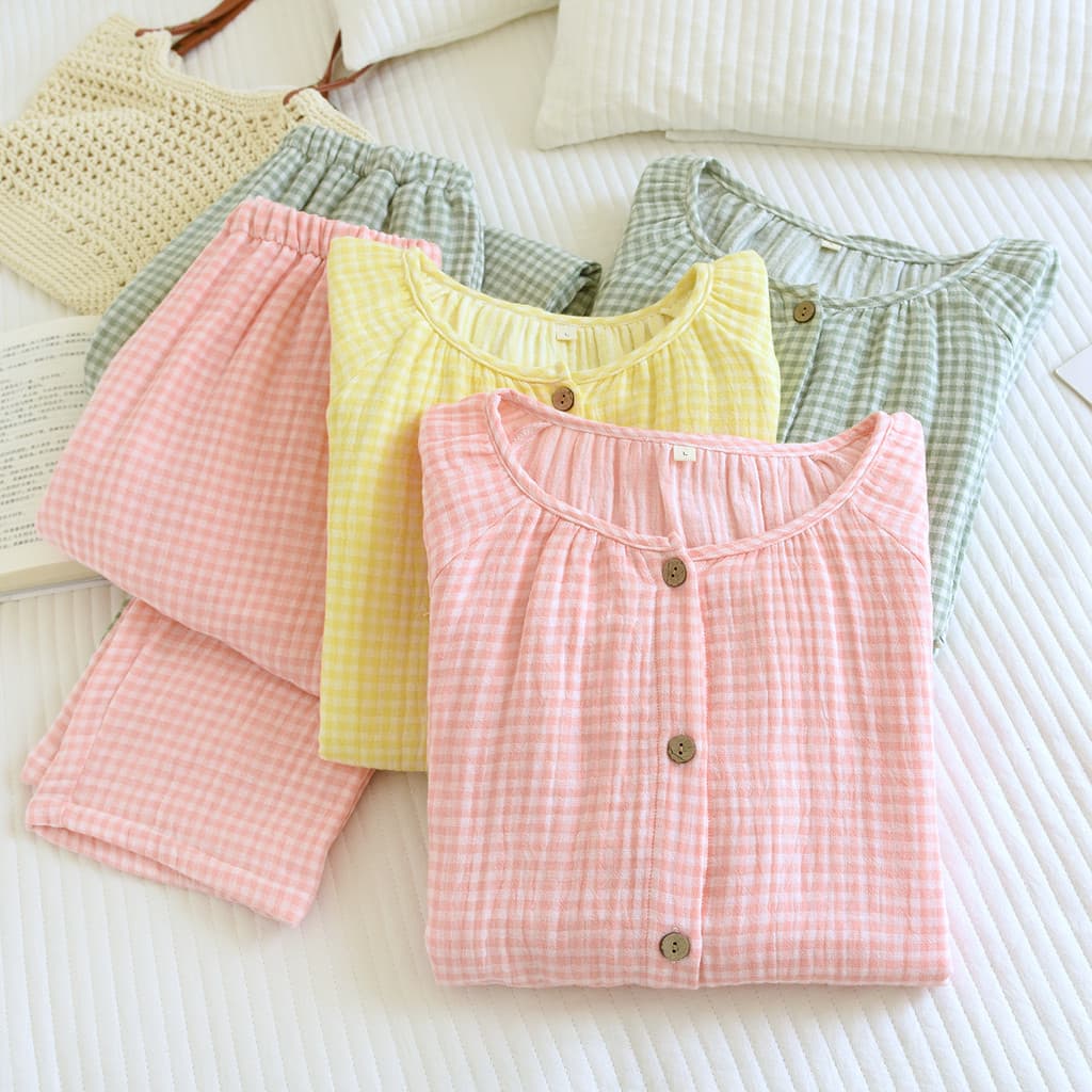 Pijamas de algodão puro de gaze de quatro camadas feminino outono novo estilo dormitório estudantil casa xadrez primaver
