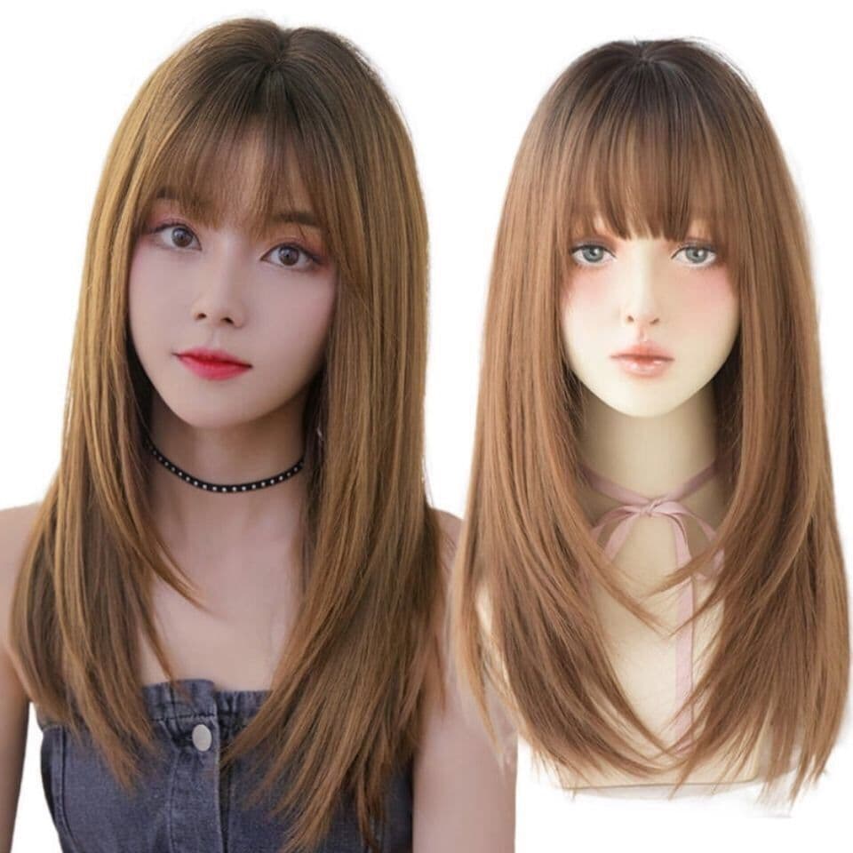Peruca feminina peruca completa feminina médio longo cabelo quebrado realista Natural completo chapelaria franja de ar c