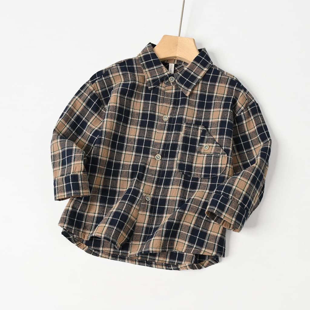 Camisa xadrez de algodão puro para crianças, camisa de manga comprida para meninos e meninas, roupa interna, roupa exter