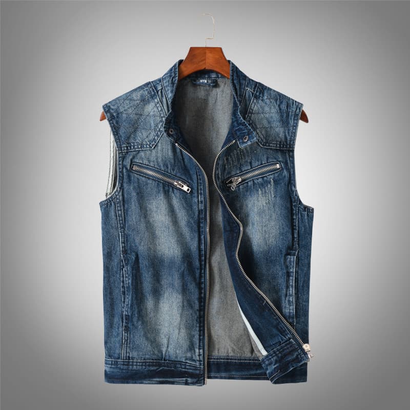 Europeu americano colete denim colete masculino Casual zíper tamanho grande motocicleta Harley gola denim colete na moda