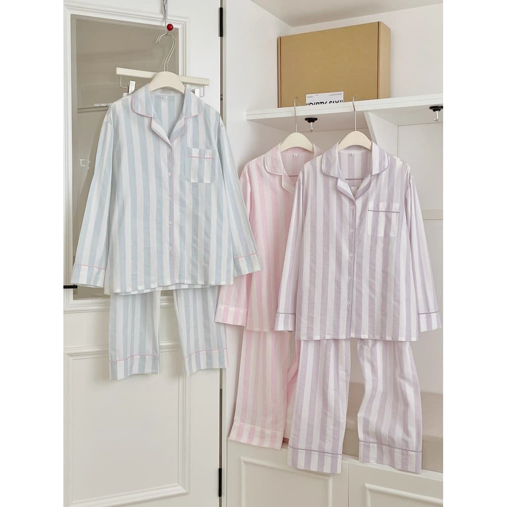 Abertura de listras |Loungewear de algodão puro lavado primavera outono estilo manga comprida estilo coreano = solto mai