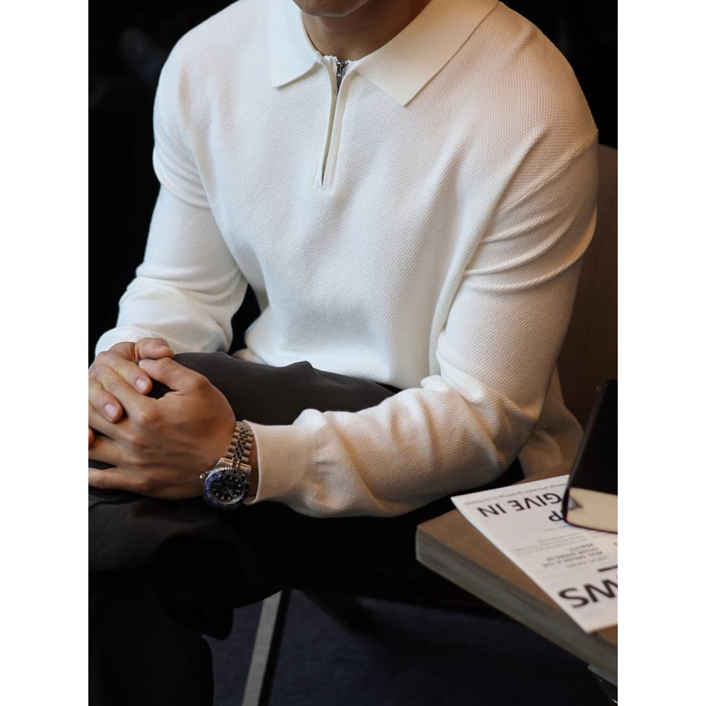 Americano Retro abacaxi padrão meio zíper camisa de fundo de malha masculina outono inverno lapela camisa polo básica ca