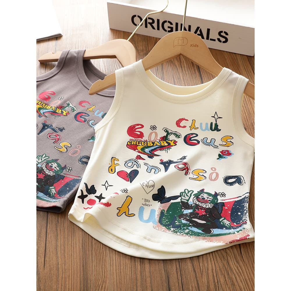 Crianças 2026 novo estilo roupas infantis colete Casual All-Match meninas dos desenhos animados Graffiti sem mangas cami