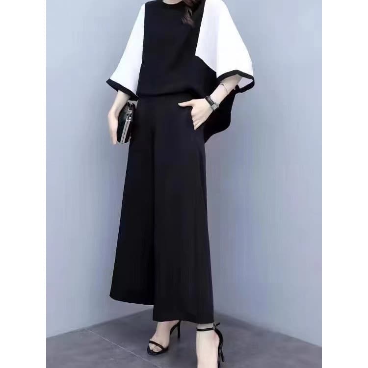 Moda elegante terno feminino verão solto tamanho grande mãe de meia-idade usar Casual calças de perna larga capa carne m
