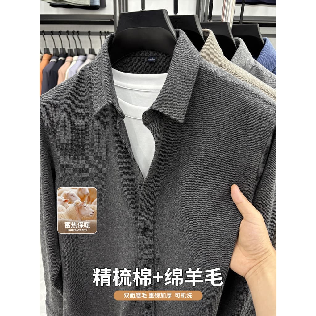 Camisa grossa quente de lã masculina camisa de manga comprida outono inverno negócios Casual camisa masculina de meia-id
