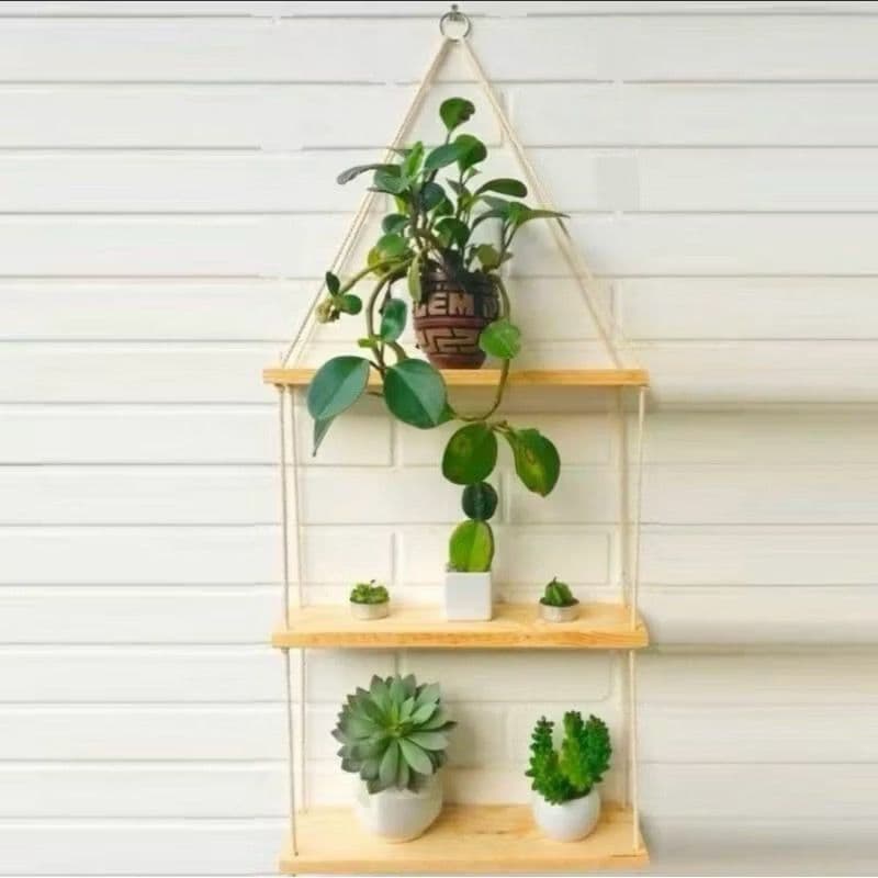 Kit Prateleira Suspensa 3 Andares, Nicho, Estante Decorativa, Madeira Pinus, Jardim Vertical, Com Cordinhas Fixção