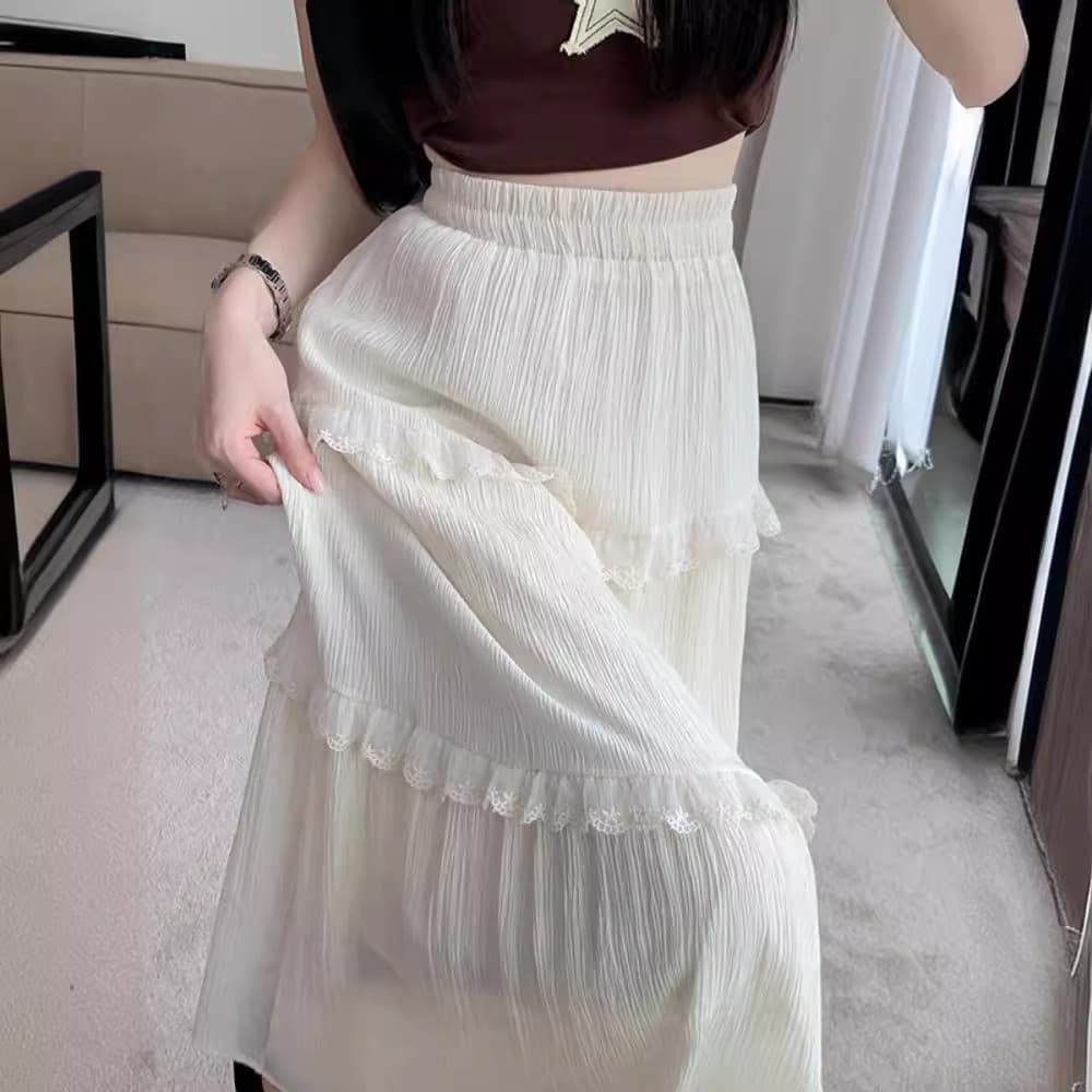 Off-White fungo borda bolo saia feminina verão elástico cintura alta mais magro olhar Drape a linha grande balanço saia