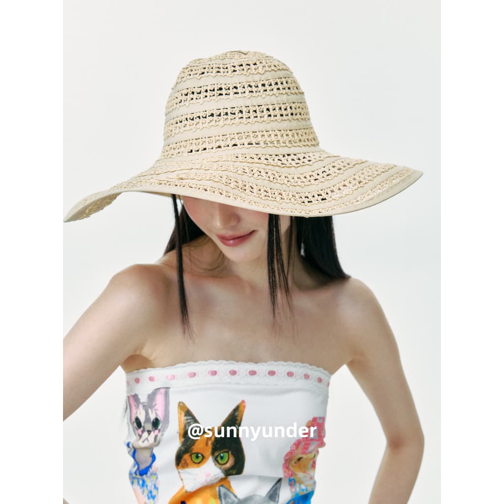 Oco respirável pano palha misturado tecido grande borda palha chapéu de palha feminino verão viagem férias guarda-sol ch