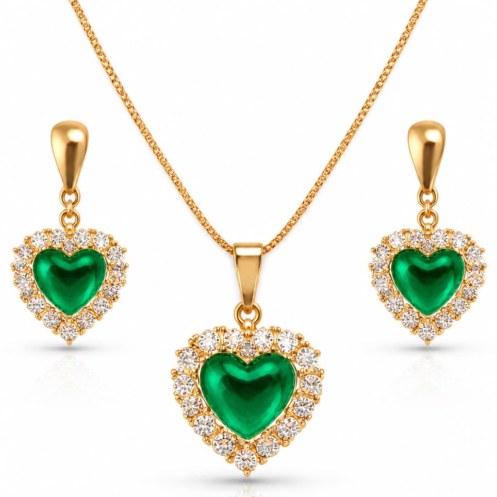 Conjunto Colar e Brinco Coração Pedra Verde Folheado a Ouro 18k