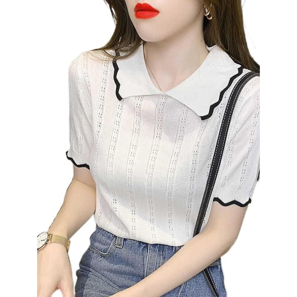 Camiseta de manga curta feminina verão novo estilo na moda estilo curto elegante topo boneca gola de seda gelo estilo fi