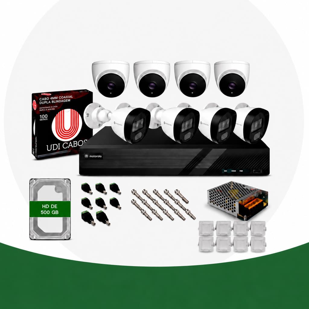 Kit Segurança CFTV Motorola 8 Câmeras Full HD DVR 8 Canais com HD 500GB Acesso Remoto