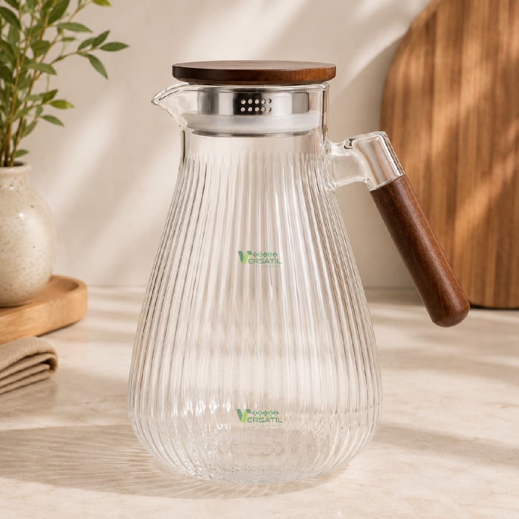 Jarra de Vidro com Alça e Tampa Nordico Madeira 1,8L 1800ml Requintada Luxo Mesa Posta Transparente Suco Água Vinho