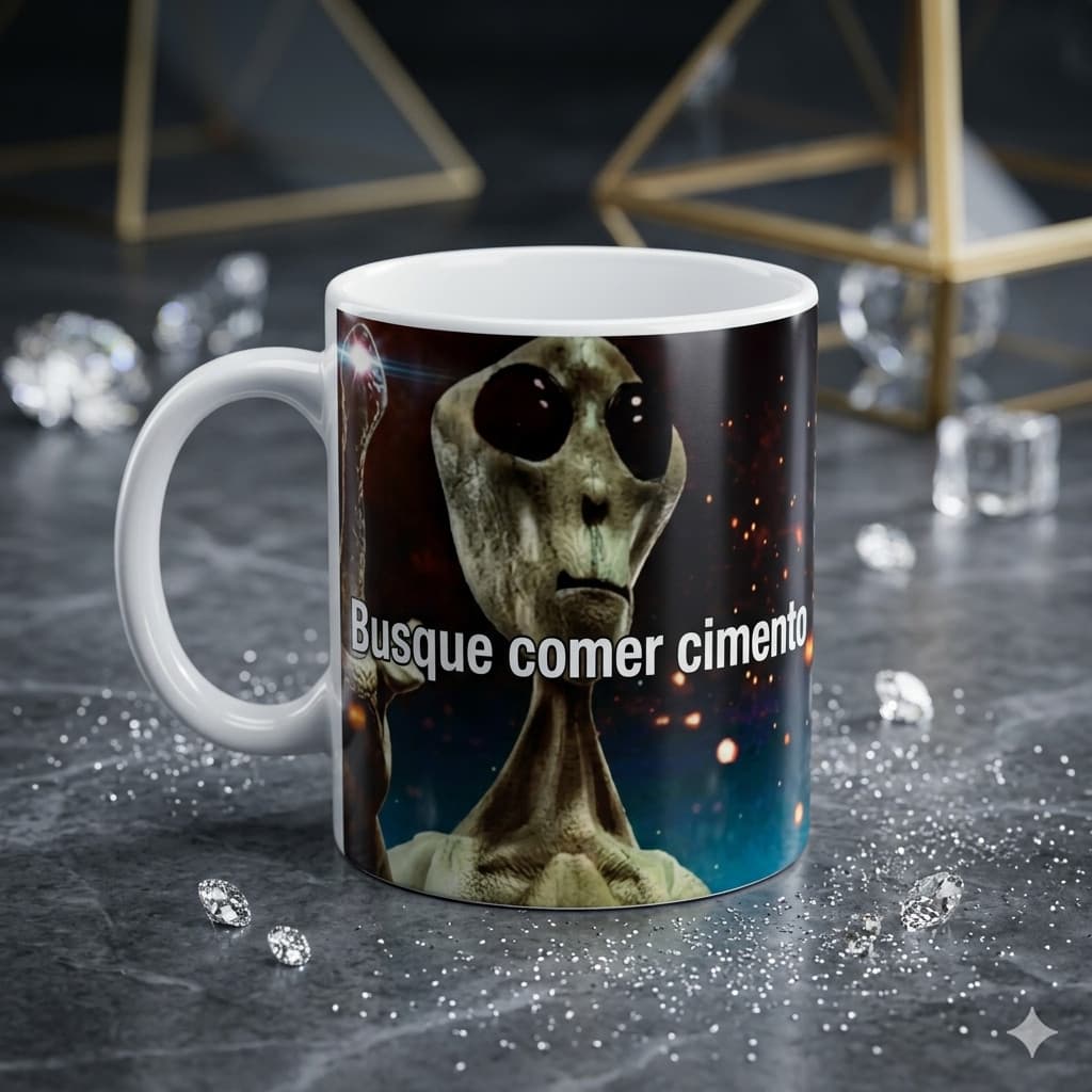 Caneca Engraçada Alien Meme Busque Comer Cimento