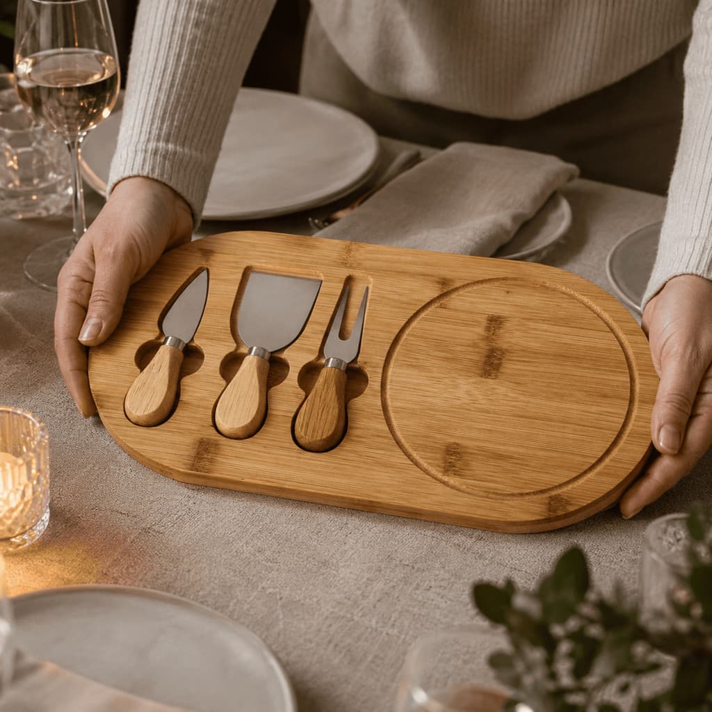 Kit Tábua Queijos Frios Petisqueira Bambu Retangular 3 Peças Faca Garfo Inox Servir Mesa CHEF D