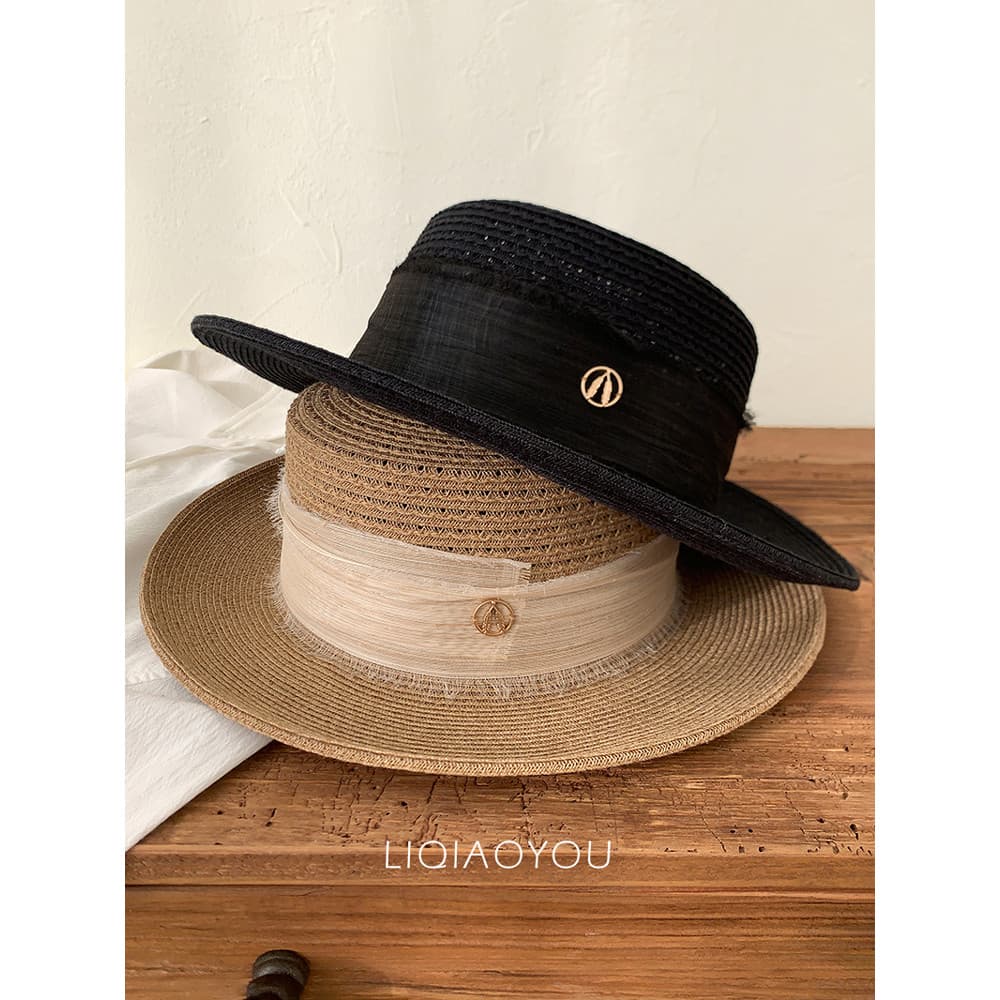 Li Qiaoyou importado linho de seda/palha oco chapéu de topo plano feminino 25ss High-End férias viagem guarda-sol chapéu