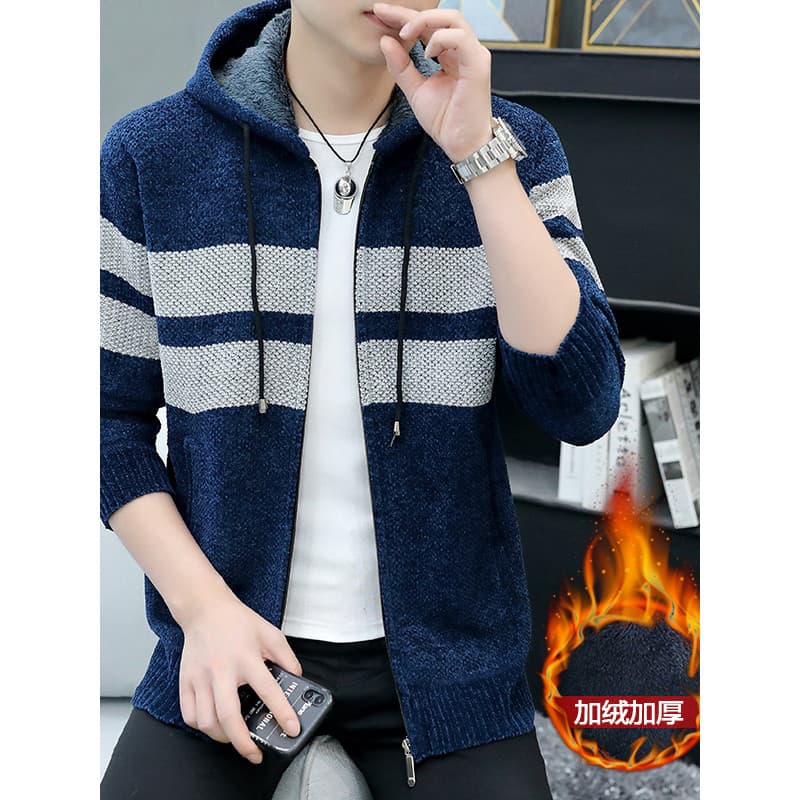 Novo simples All-Match masculino com capuz zíper de malha Cardigan listrado forro de lã