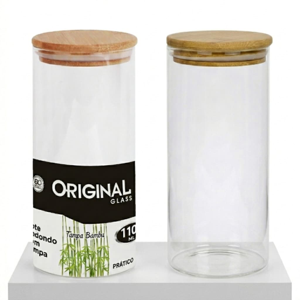 Pote Vidro Redondo 1100ml Tampa Bambu Organizador Alimentos Luxo