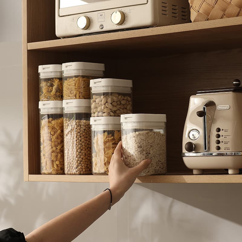 Novo estilo selado Jar bloqueio plástico grau alimentício cozinha do agregado familiar grãos inteiros frutas secas caixa