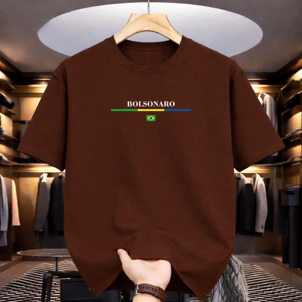 Camiseta Masculina Bolsonaro Brasil Estampa Fio 30.1 Algodão 100% Casual Básica Tecido Leve e Fresco