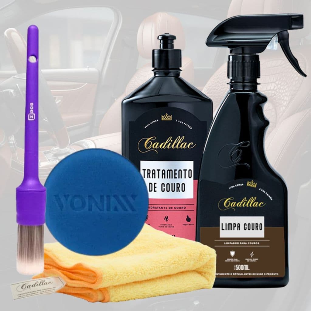 KIT LIMPA COURO + TRATAMENTO DE COURO CADILLAC + PANO + APLICADOR + PINCEL