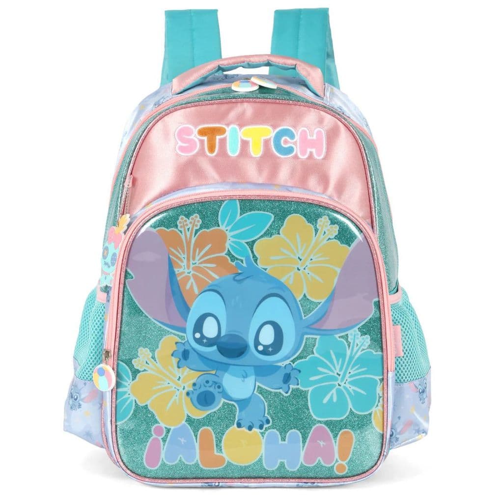 Mochila Costas Escolar Infantil Angel Stitch Disney Turquesa Aloha Luxcel