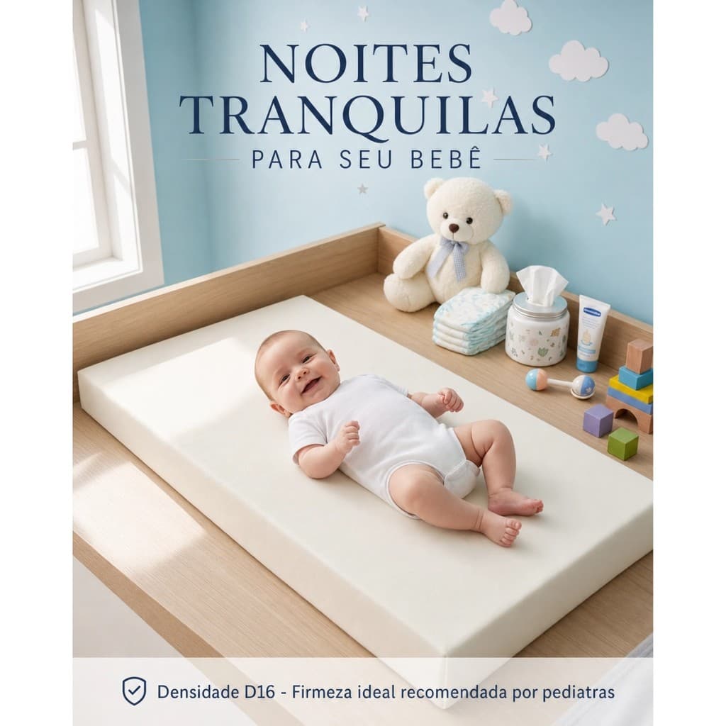 Colchão bebe Para Berço Chiqueirinho D16 70x40 Moises Almofada Universal Cor Branco
