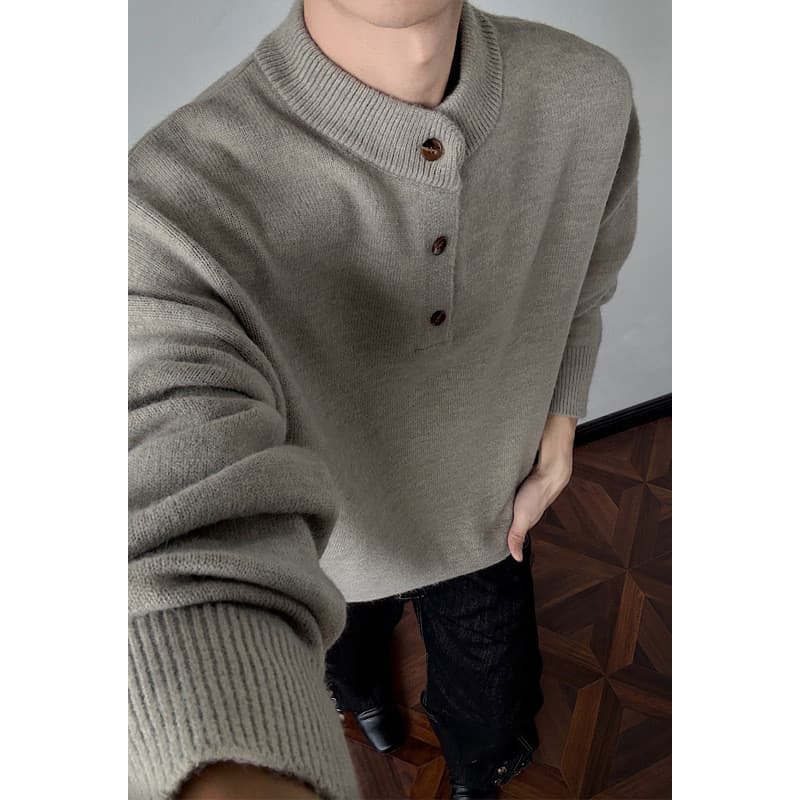 Estilo de dinheiro antigo Henry colarinho camisola masculina primavera outono solto na moda malhas pesadas Street Wear H