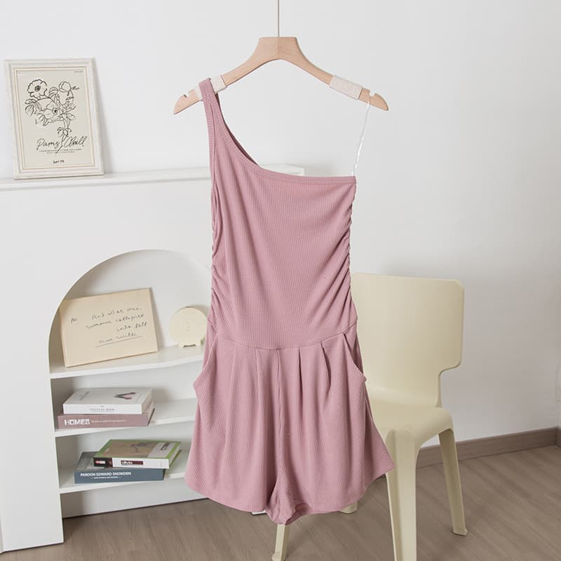 Francês Irregular ombro inclinado um ombro estilingue macacão shorts feminino cintura alta estilo férias macacão shorts