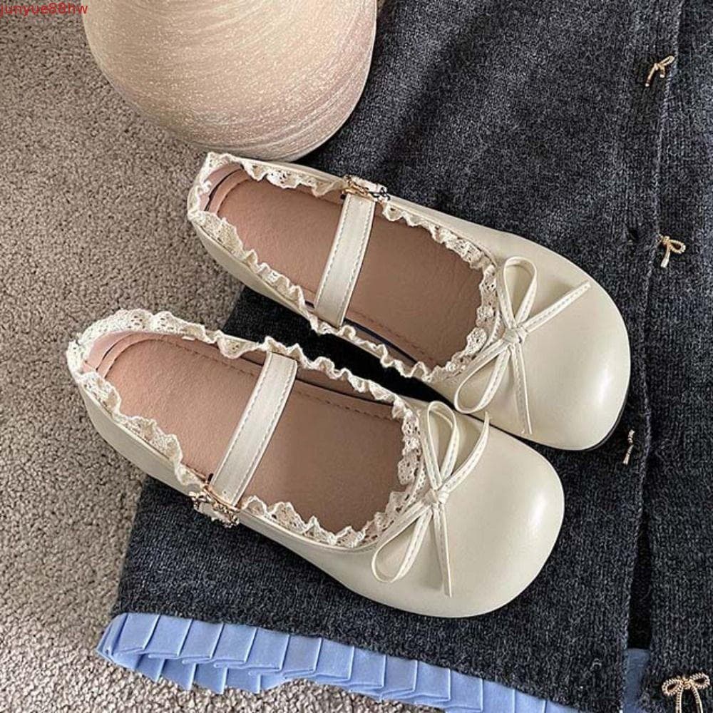 JUNYUE Sapatilhas Casuais De Balé , Sapatos Baixos JK De Couro PU Com Babados De Renda Mary Jane Sola Macia E Laço Doce