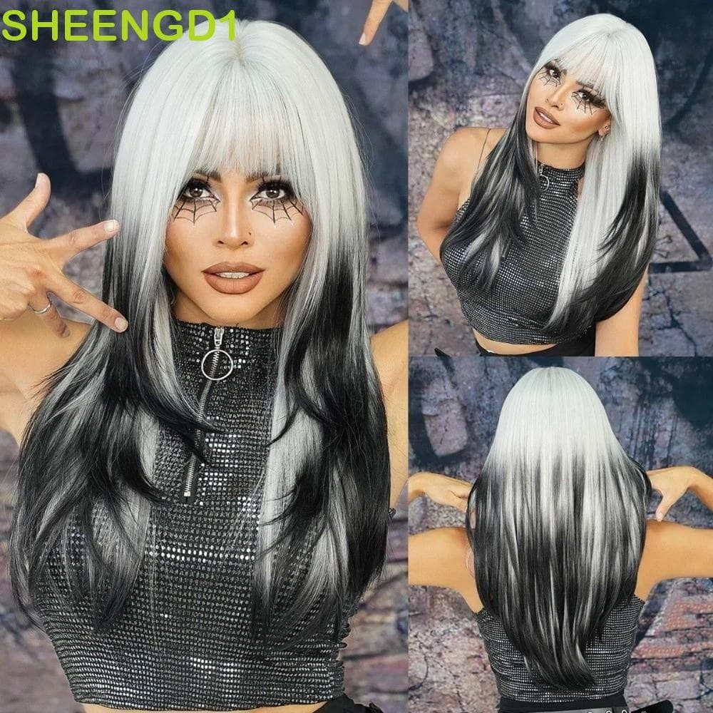SHEENGD1 Cabelo Longo E Reto Em Camadas , Extensão De Sintético Prata Ombre Perucas Pretas Com Franja , Verde Roxo