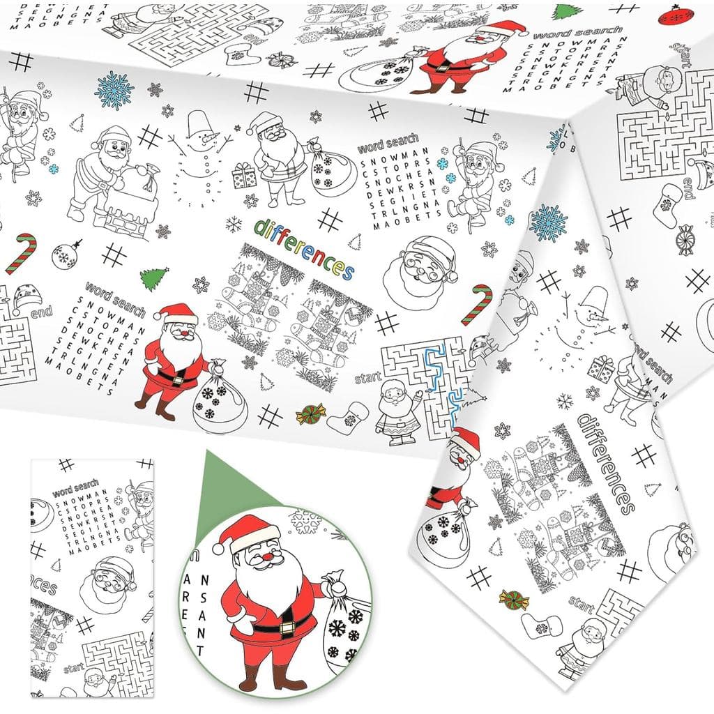 Toalha de Mesa para Colorir de Natal Whaline 54 x 108 Polegadas, 6 Jogos, Tema Papai Noel, Papel Descartável para Colori