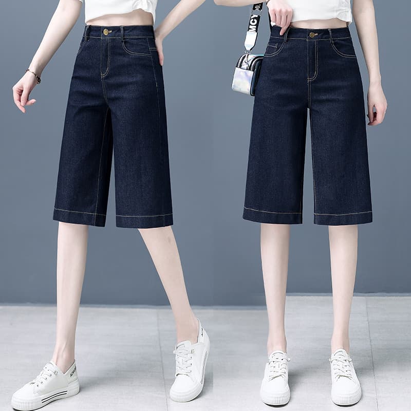 Azul escuro cortado Jeans feminino 2025 verão novo estilo cintura alta reta solta perna larga estilo fino calças médias