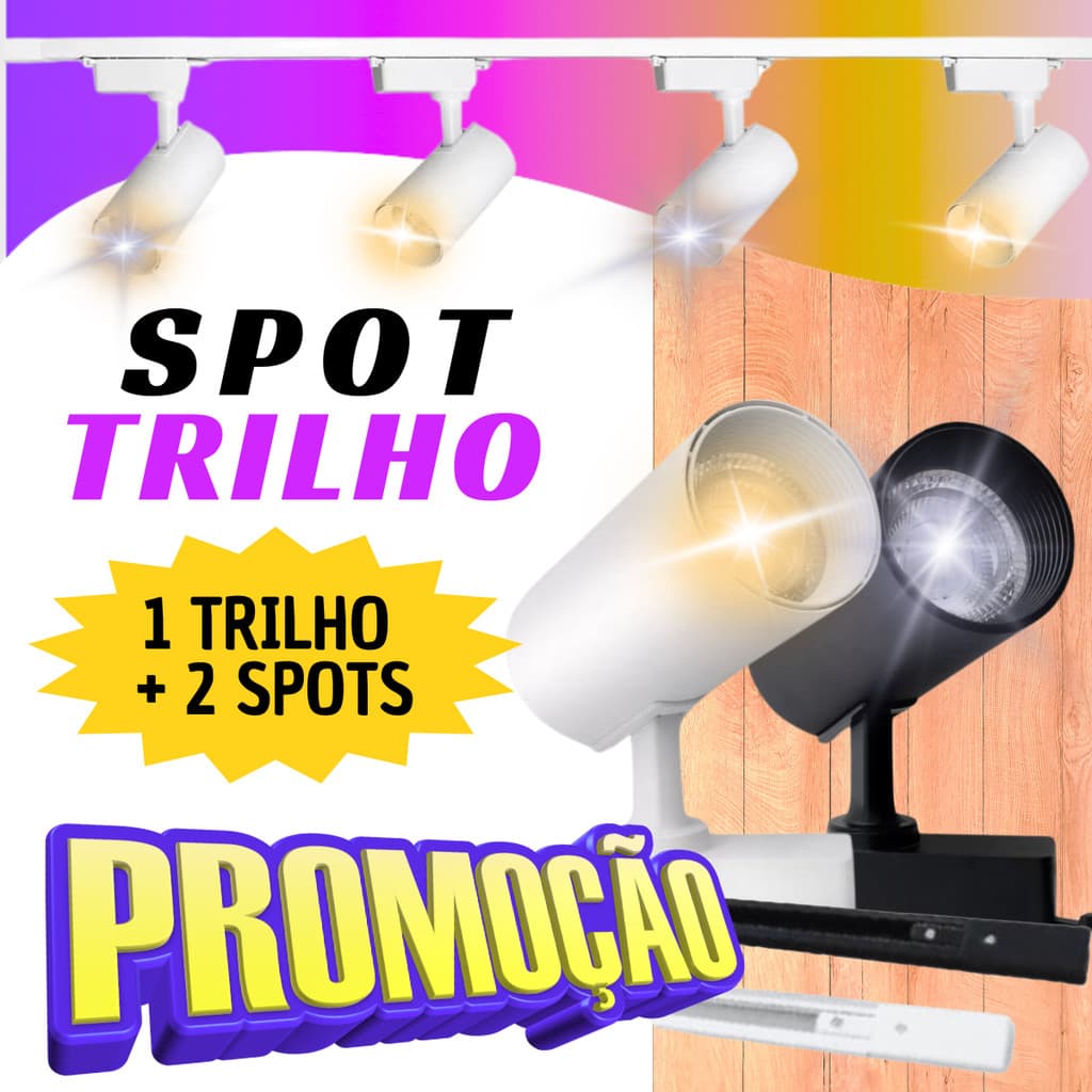 Kit 2 Spots de Luz e com Trilho de 1 Metros Cor preto ou Branco Led Branco ou Amarelo Cozinha Vitrine Loja Sala